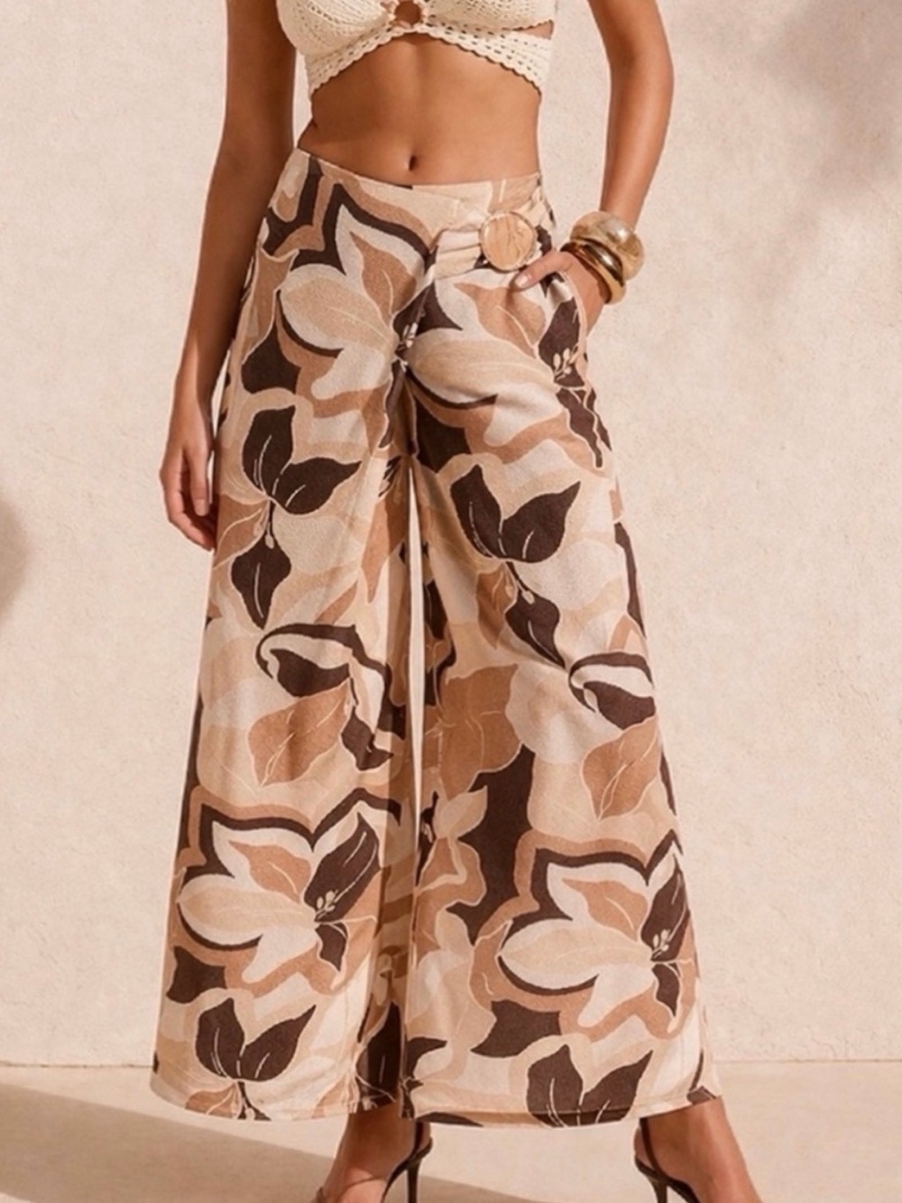 Boho Wrap Style Tan Floral Lightweight Flowy Pants Size Small, New